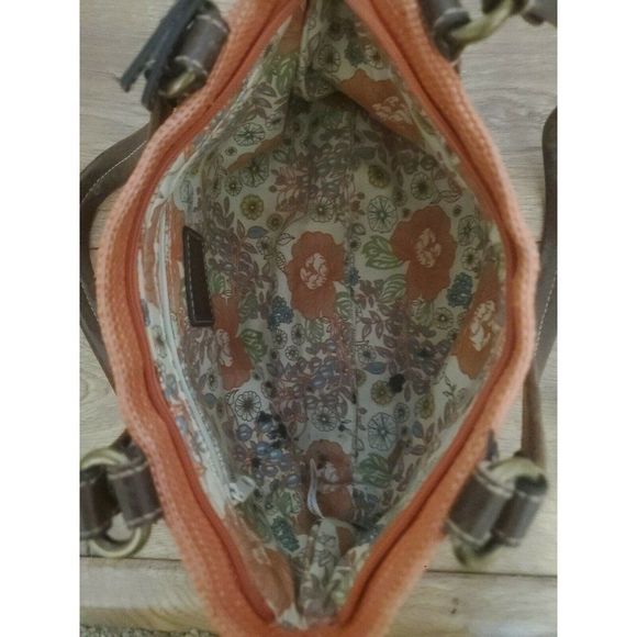 Fossil Tote Bag Salmon Fabric with Brown Leather Straps Small - Picture 6 of 8